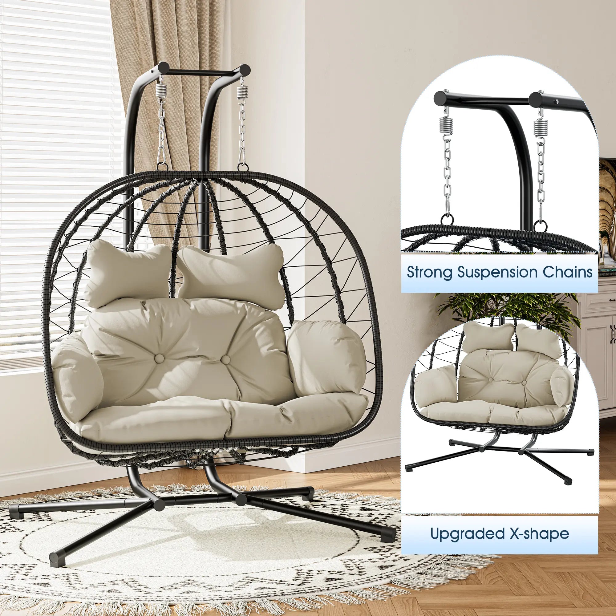 Double Hanging Egg Chair with Cushion, 700lbs Capacity