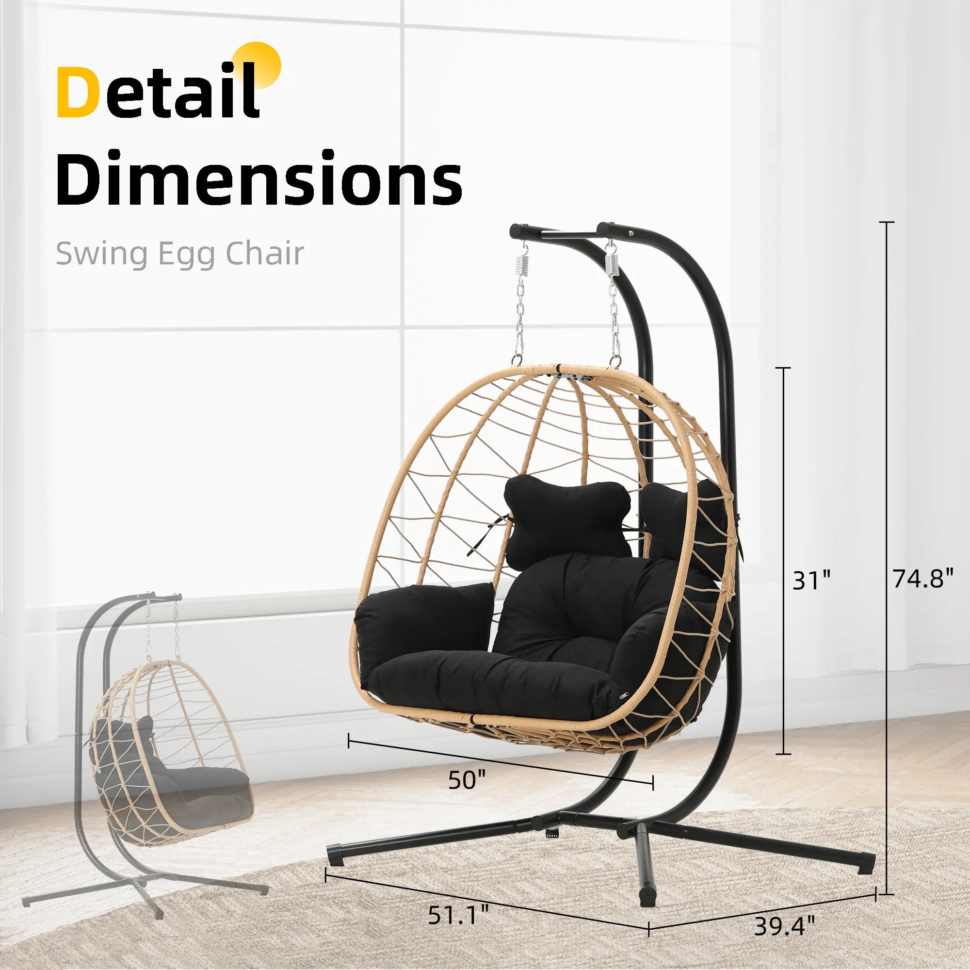 Double Hanging Egg Chair with Cushion, 700lbs Capacity