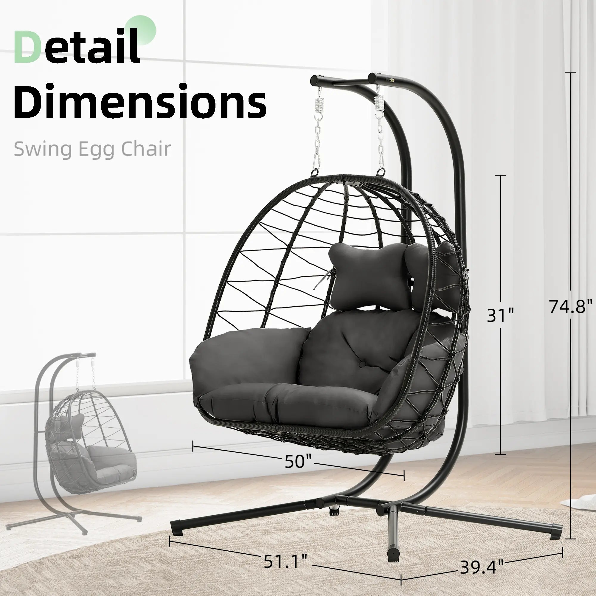 Double Hanging Egg Chair with Cushion, 700lbs Capacity